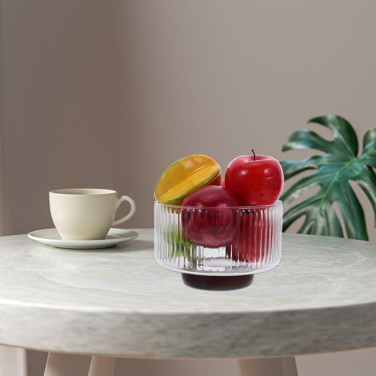 Zerodeko Glass Salad Bowl Small Vertical Striped Crystal Glass Fruit Plate Pedestal Serving Bowl for Living Room Table and Party Centerpiece