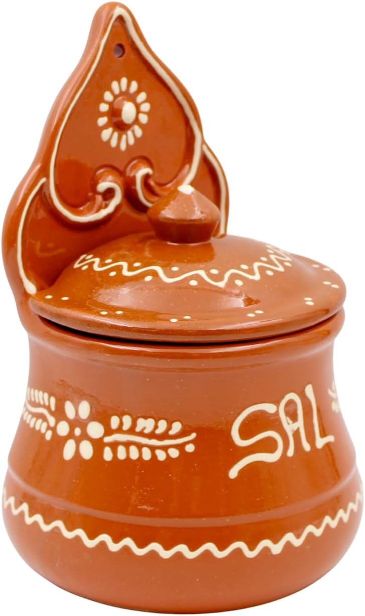 Portuguese Terracotta Salt Holder with Lid, Hand-Painted Sal Design – Food Safe, Wall-Mountable, Traditional Portuguese Kitchen Decor (Large)