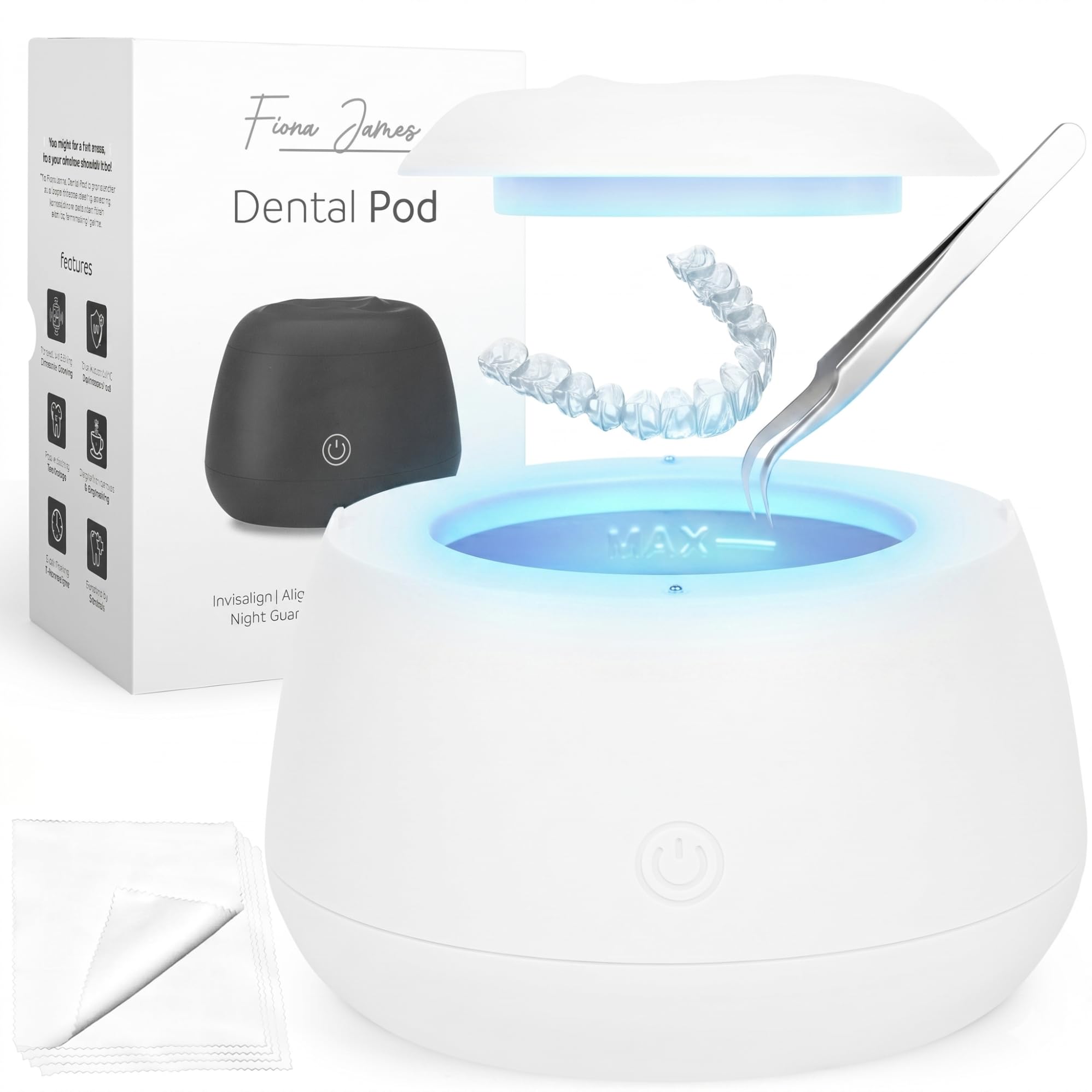 FIONA JAMES Máquina limpiadora ultrasónica de retenedores | Cápsula de limpieza dental de 48 kHz | Alineador, protector nocturno, protector bucal, dentadura postiza | Cuidado dental bucal | Limpiador