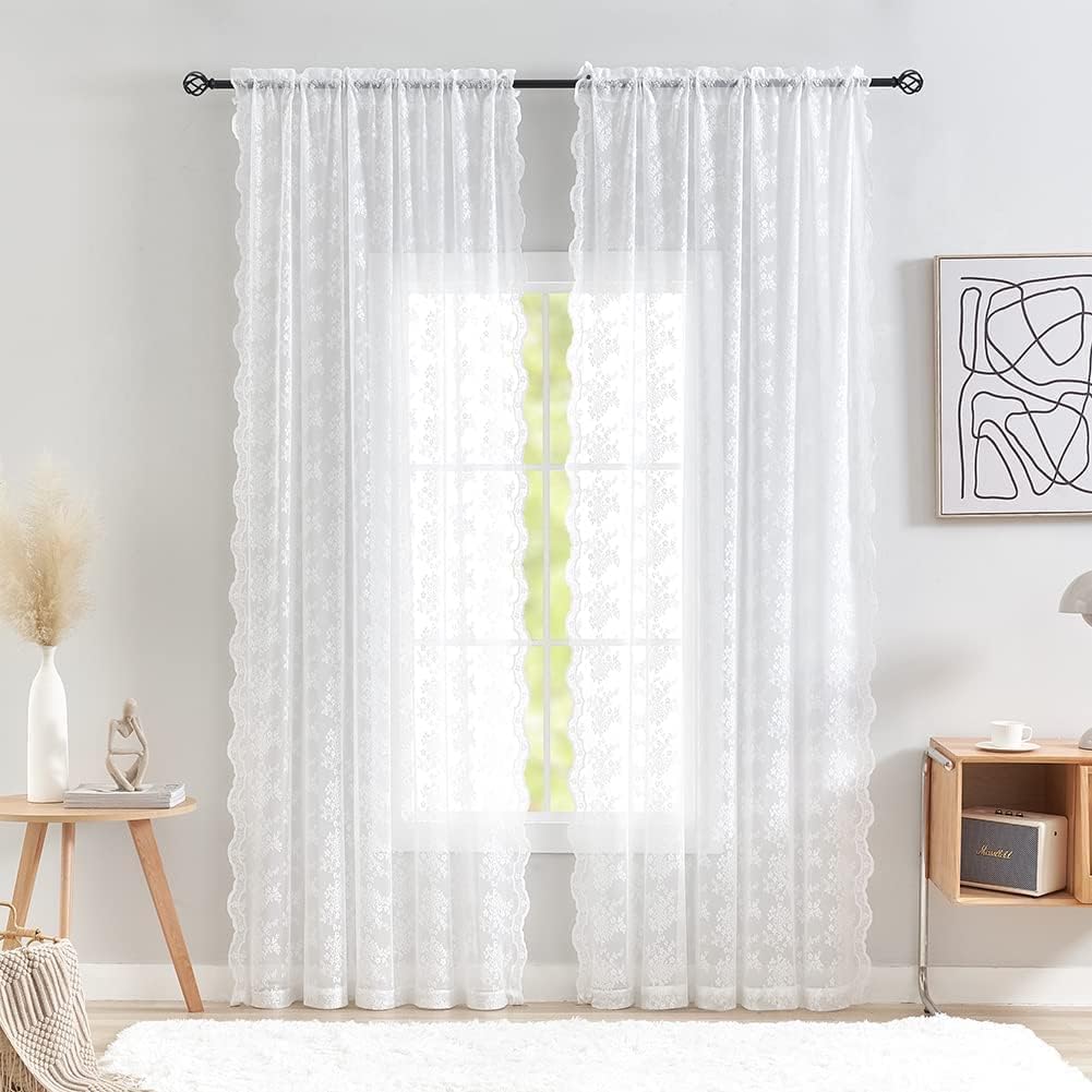 YJ YANJUN White Sheer Curtains 80 inch Length for Doorway Boho Look Lace Window Panels Light Filtering Window Treatments Elegant Door Curtains for Living Room Bedroom 52 by 80 inch Length — image 1