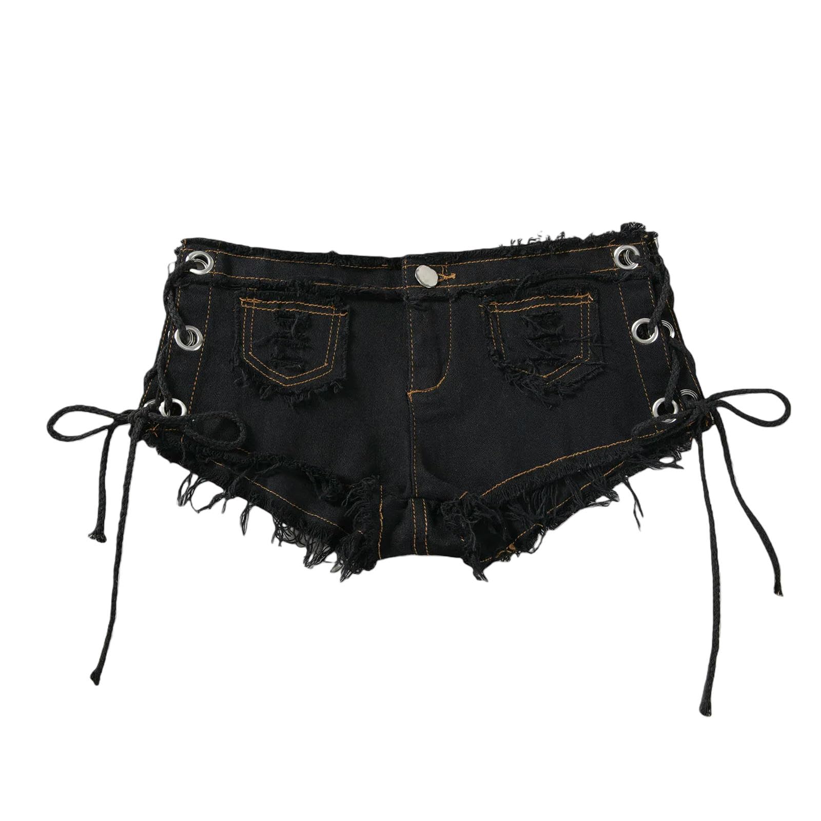 Short jeans femme streetwear noir mini jean court à lacets pour look branché