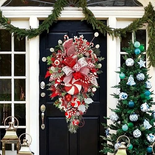 Miniatura 6 de Toyvian Corona de Navidad de bastón de caramelo, bastón de caramelo de lágrima de Navidad, decoración de Navidad roja y blanca con adornos de bolas,