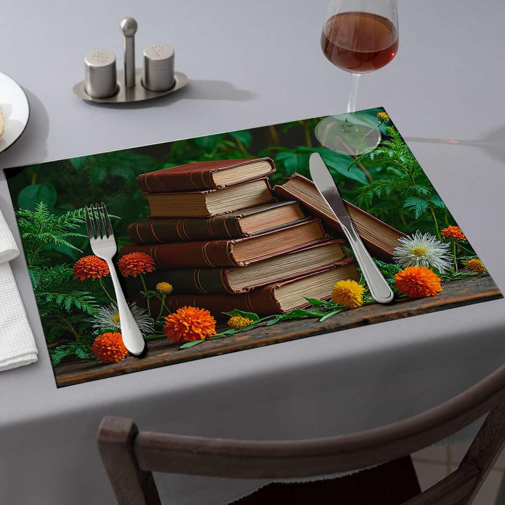 Cbrt Colour Washable Placemats Stack Of Old Books Surrounded By Vibrant Flowers Dining Place Mats Comedor Spring Placemats(6Pcs)
