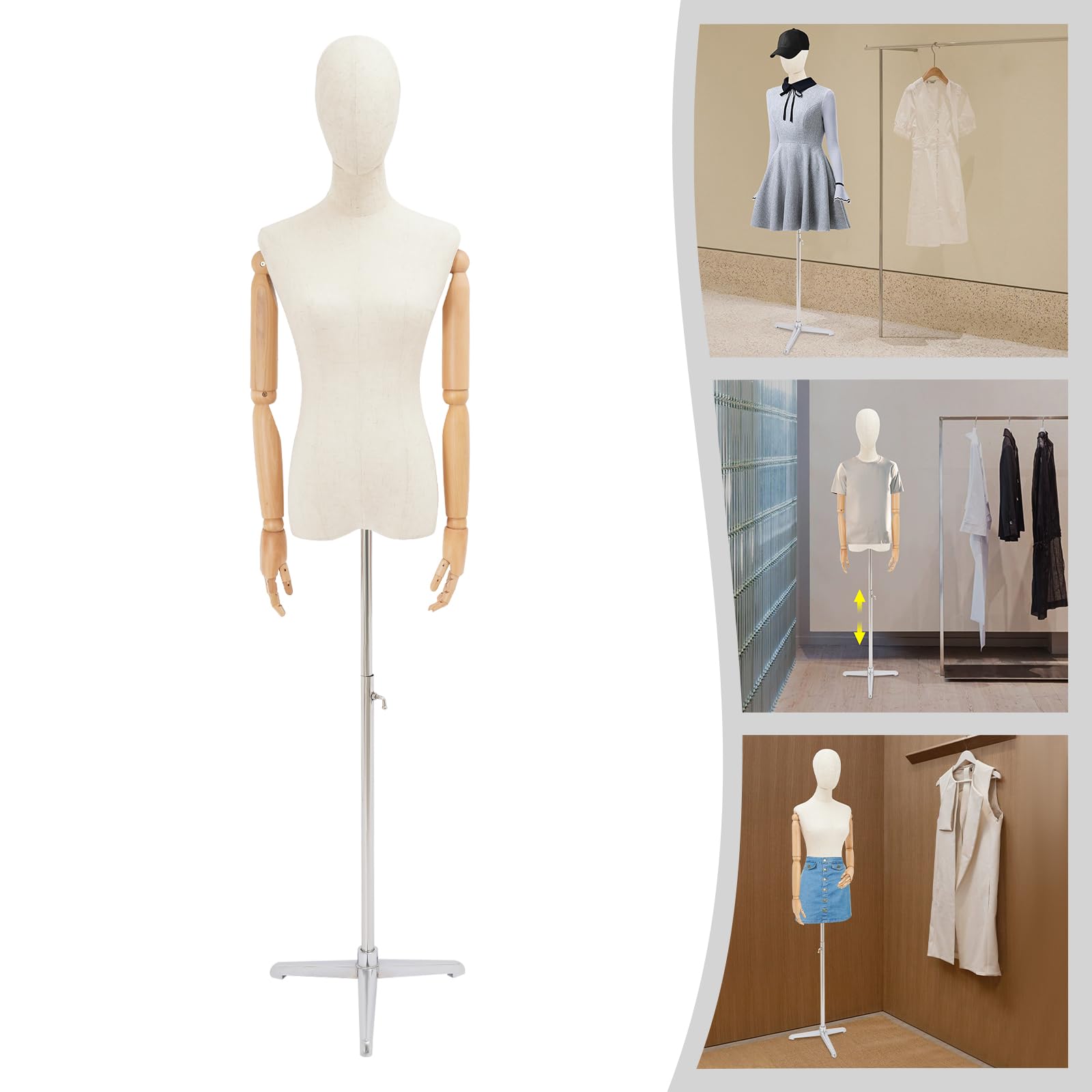 Manichino corpo femminile, manichino da sartoria con braccia in legno, altezza regolabile 150-210 cm, manichino da donna, per negozi di abbigliamento, vetrine, centri commerciali