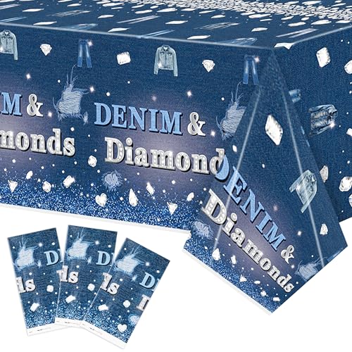 Image of K1tpde Denim & Diamonds Party Tablecloth - 3PCS Denim Themed Blue Jacket Jeans Plastic Tablecloth, Disposable Jeans Tablecover for Adult, Crystal Birthday Party Supplies for Bachelorette Wedding Decor