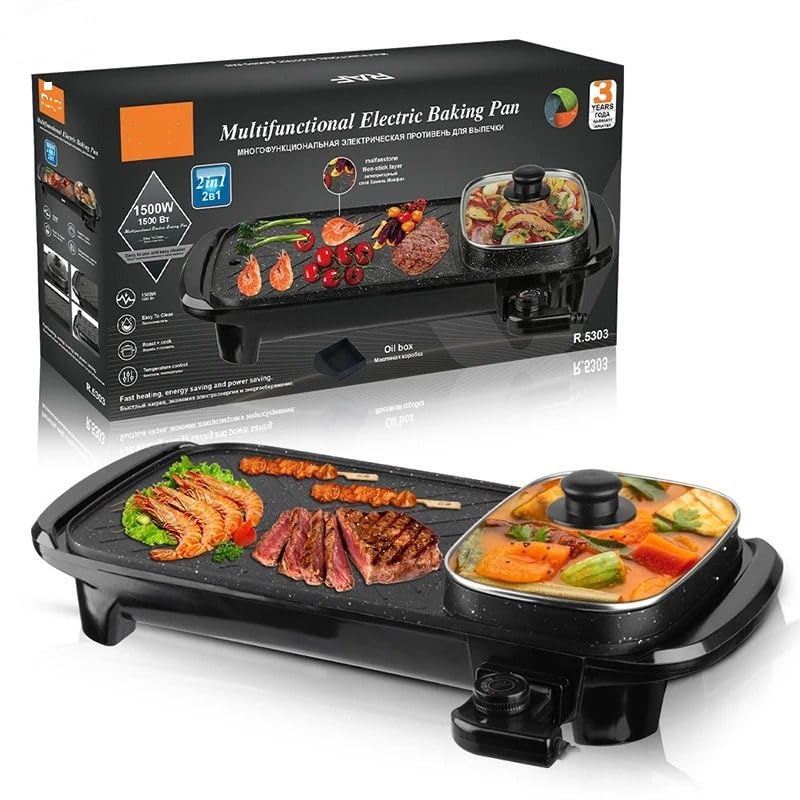 1300W Electric Grill with Hot Pot | Temperature Control | Indoor Teppanyaki Grill/Korean BBQ/Shabu Shabu Hot Pot | Serves 2-8 People