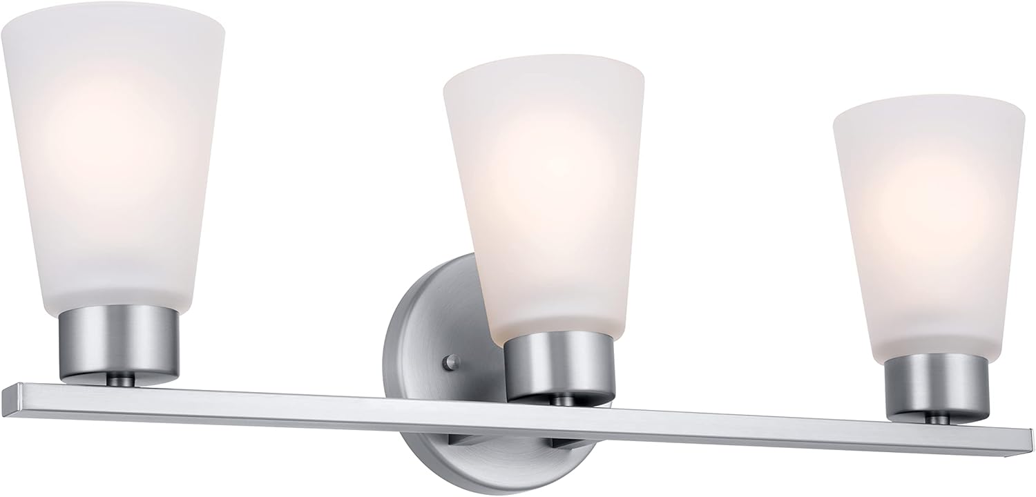 Kichler Stamos 3-Light Bathroom Vanity Light with Satin Etched Glass Shades, 22" Modern Wall Light in Brushed Nickel, (22" x 5" x 8")