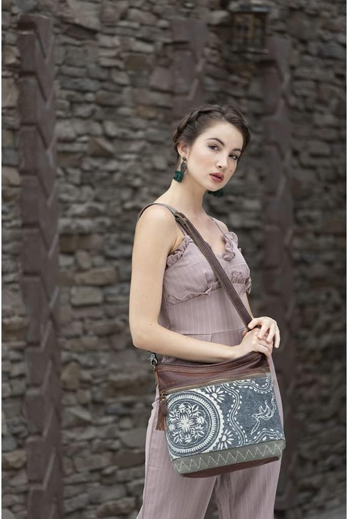 Myra Bag Cloth Purses for Women - Canvas Bag with Real Leather Detailing, Floral Mosaic Pattern Fabric Purses for Women - Image 2