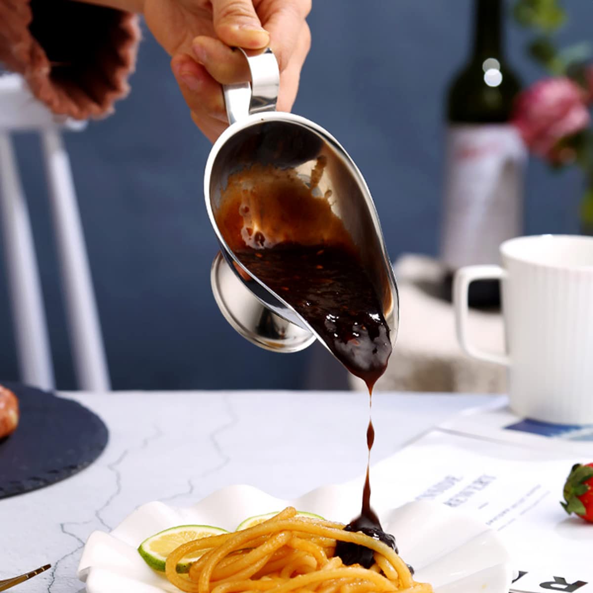 Saucière, ciotola per salsa in acciaio inox con beccuccio antigoccia, 3 misure, argento