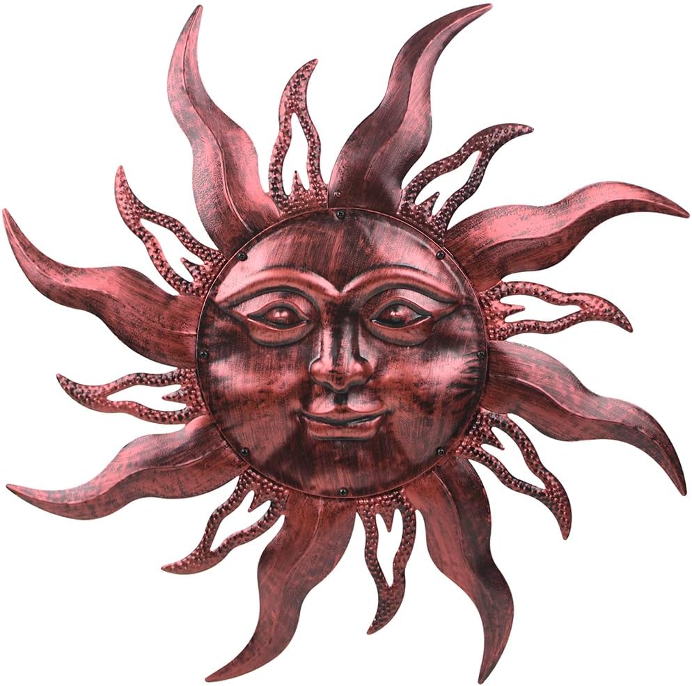 HOBYLUBY 28'' Outdoor Wall Decor Rust Proof, Sun Face Metal Wall Art Decor Hanging for Indoor Outdoor, Patio, Fence, Garden(Brown)