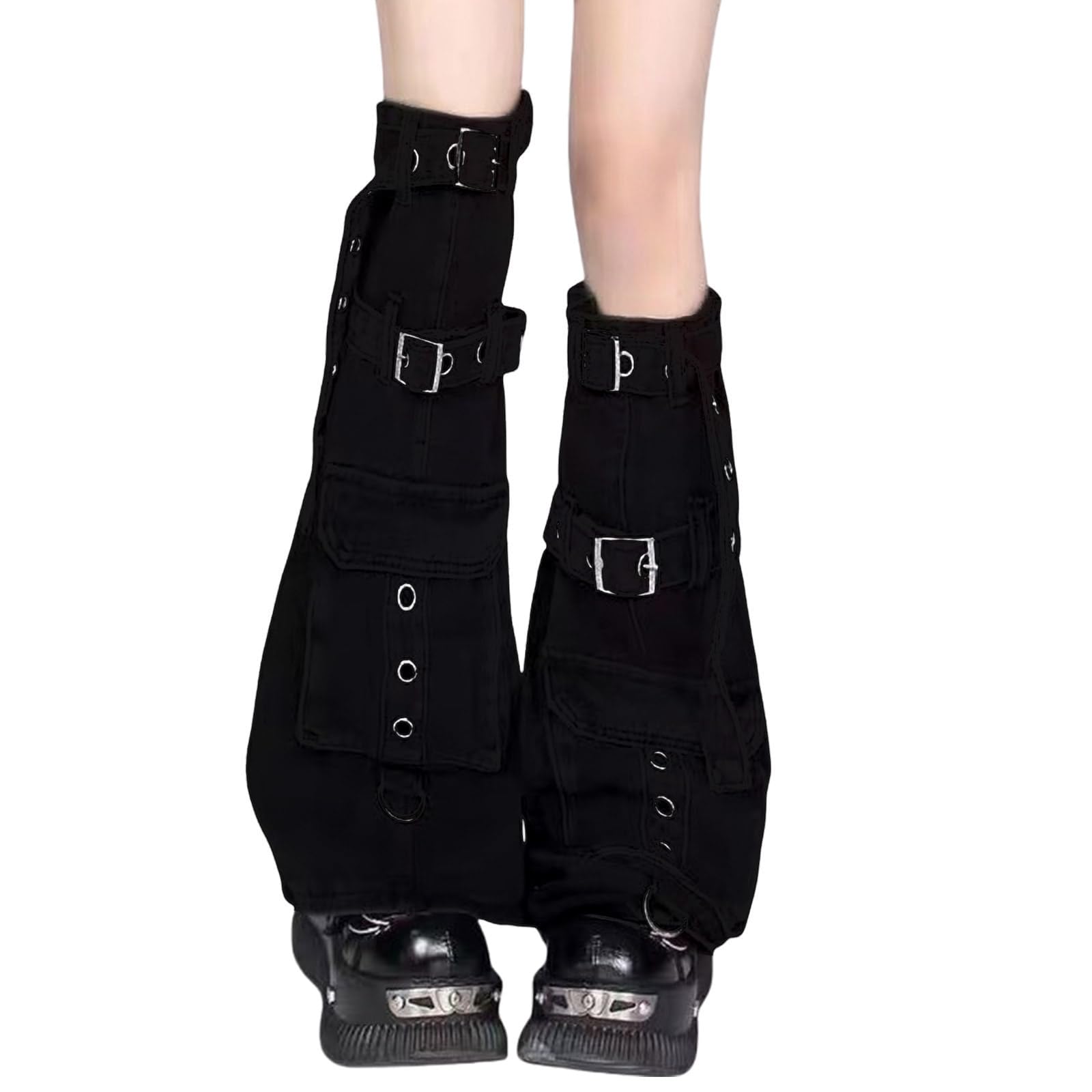 Leg Warmers Womens Punk Denims Flared Leg Warmers Eyelets Buckled Strap Pocketed Cargo Boot Covers Over Knee Stockings