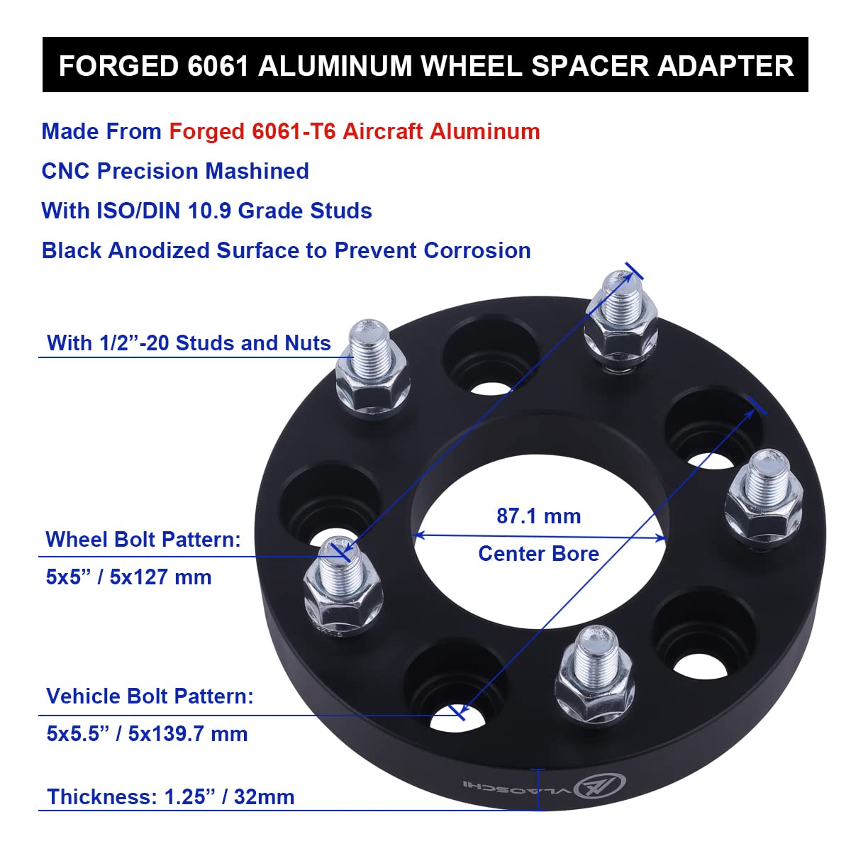 VLAOSCHI Black Forged 5x5.5 to 5x5 Wheel Adapters 1.25 Inch with 1/2" Studs Compatible with Dodge-Ford 5 Lug 5x139.7 to 5x127 for 1994-2001 RAM1500 | 1975-1996 F150 | 1976-1986 CJ5 CJ6 CJ7 - Pack of 4