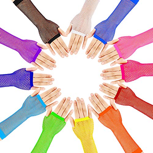 Tecunite 12 Pairs Fingerless Neon Fishnet Gloves For Women And Girls 80S Party Costume Accessories Supplies (Simple Style) #TOP2