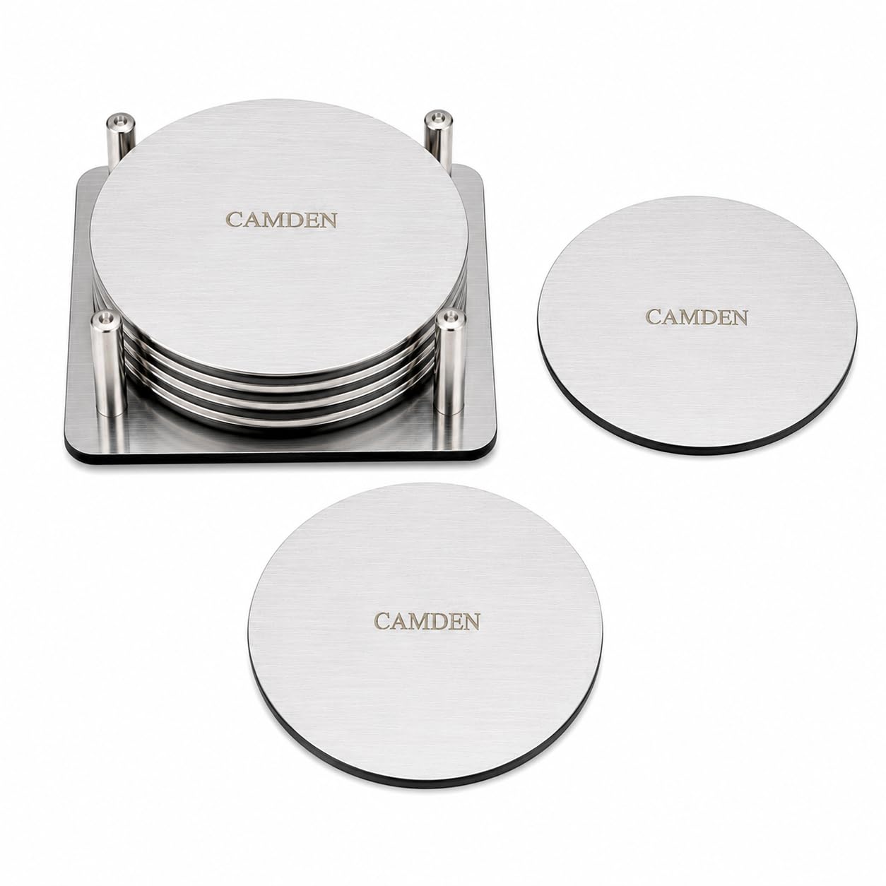 CAMDEN Stainless Steel Coaster Set with Stand Durable 4-pin | Premium Steel Tea & Coffee Cup Coasters with Anti-Slip Grip Base | Round Drink Coasters for Dining Table, Office & Home Decor | Set of 6-image-19