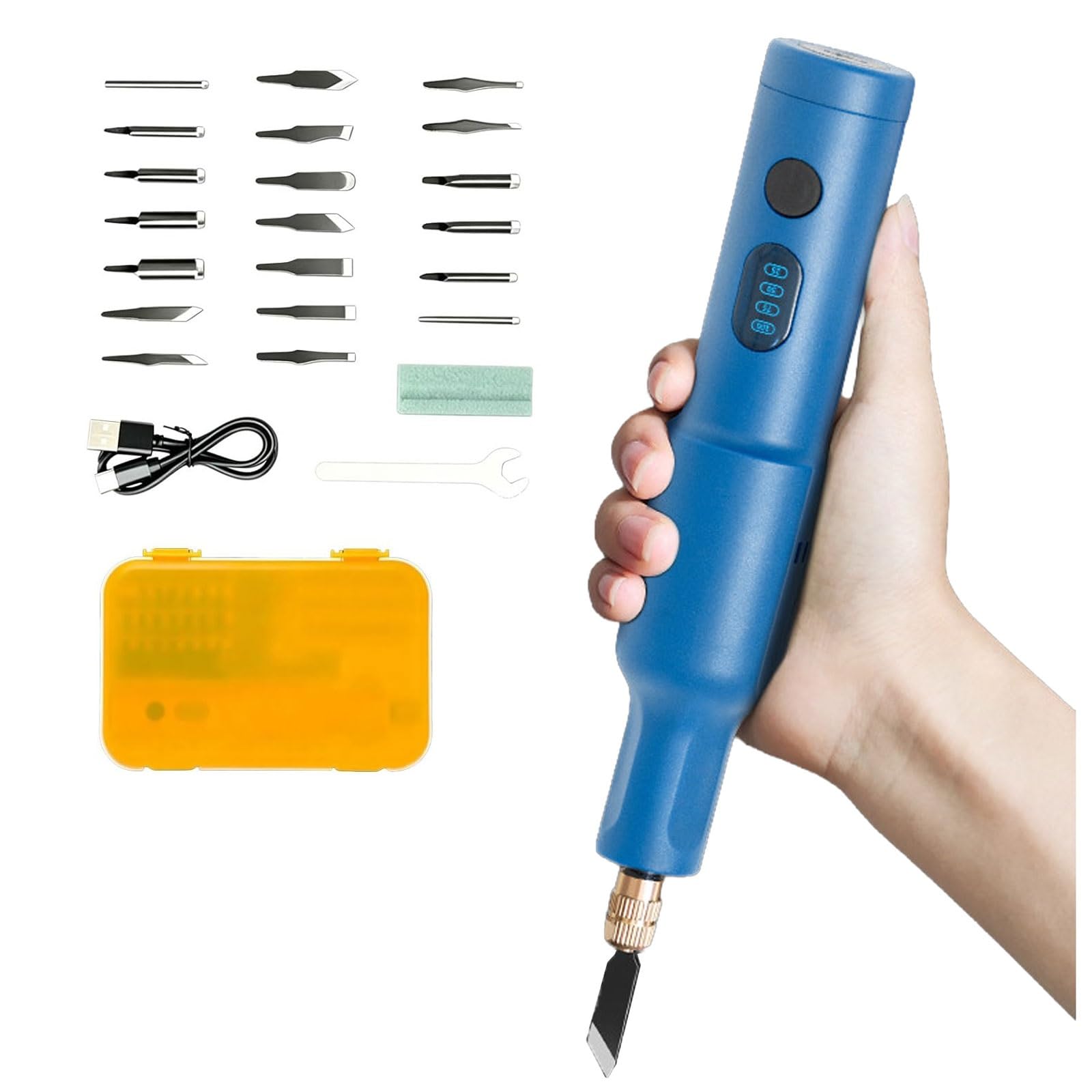 Qyoegsq Blue Handheld Wood Carving Machine,40W Electric Carving Knife Set With 20Pcs Replaceable Blades,Rechargeable Engraving Chisel,For Woodworking,Diy Plaster Sculpture(Blue)