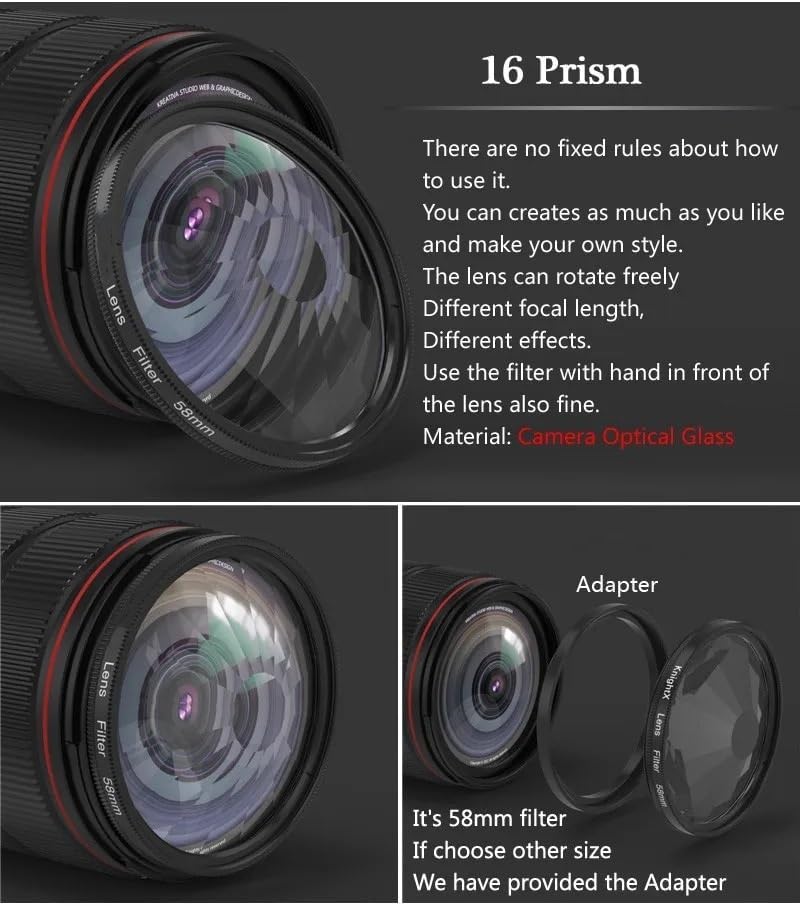 52/55/58/62/67/77mm Camera Filter Kaleidoscope Special Effects Photography Accessories SLR Lens Prism 16 Prism(Add 52mm Adapter)