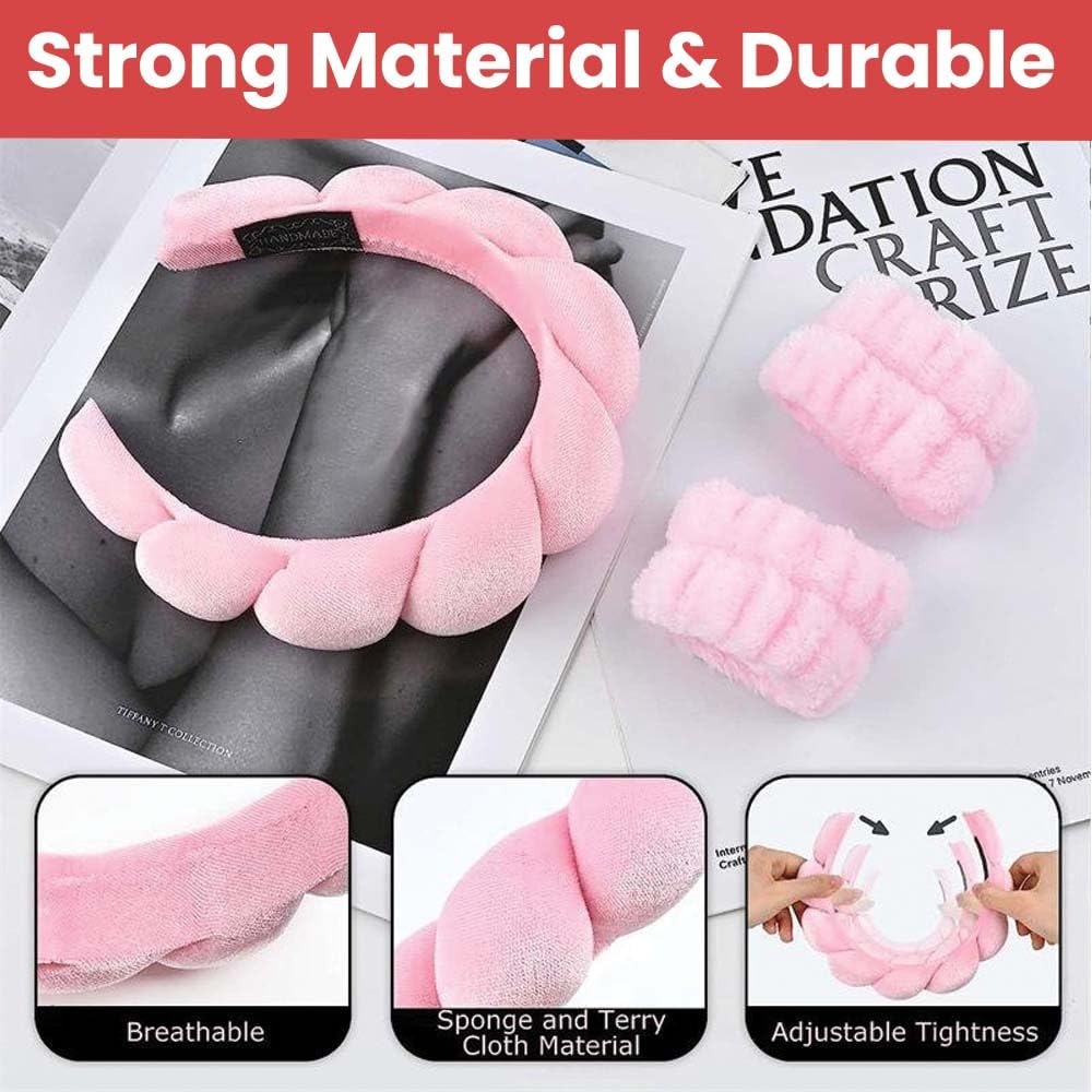 TEMPERIA Makeup Headband Wristband Set for Women & Girls | Hair Band for Facial Time | Head Bands Skincare Hairband for Spa | 3 Pieces Set | Pink 1