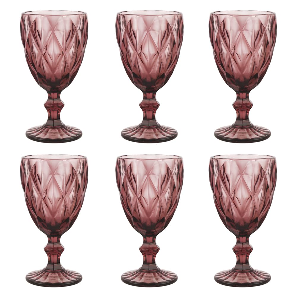 Pure Purple Wine Glasses 6Pcs a Set Solid Colors Glass Goblets Colorful Dishwasher Safe Colored Glassware With An Embossed Vintage Colored Goblets Pattern Like Crystal (Glass, Purple)