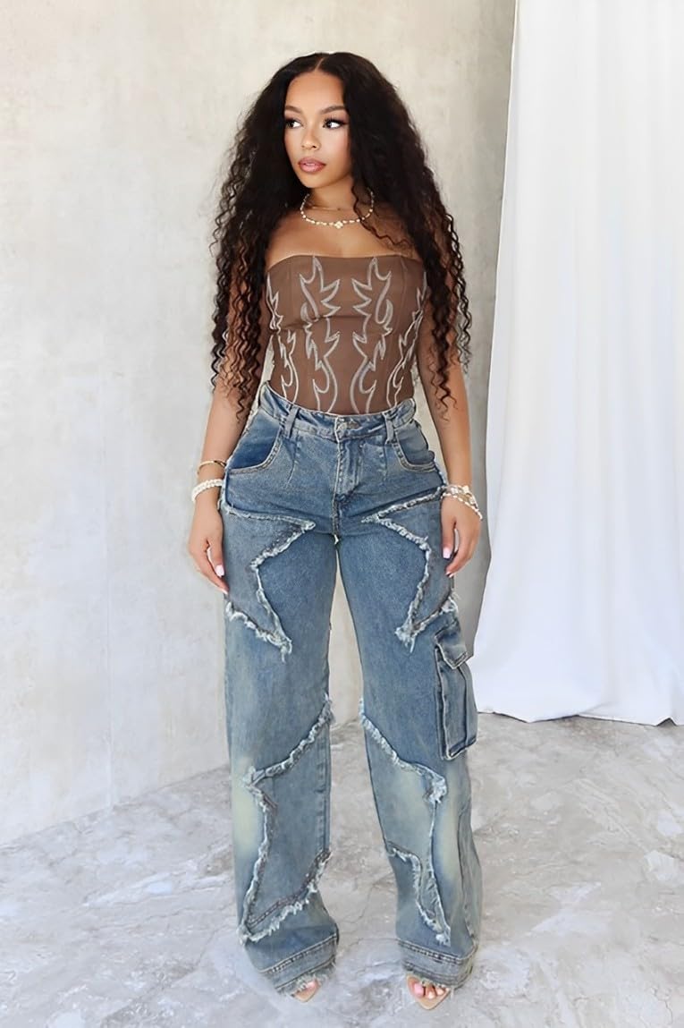 Women's Y2K Baggy Cargo Jeans High Waisted Ripped Star Tassel Fringe Denim Pants Flap Pocket Stretch Streetwear - Image 2