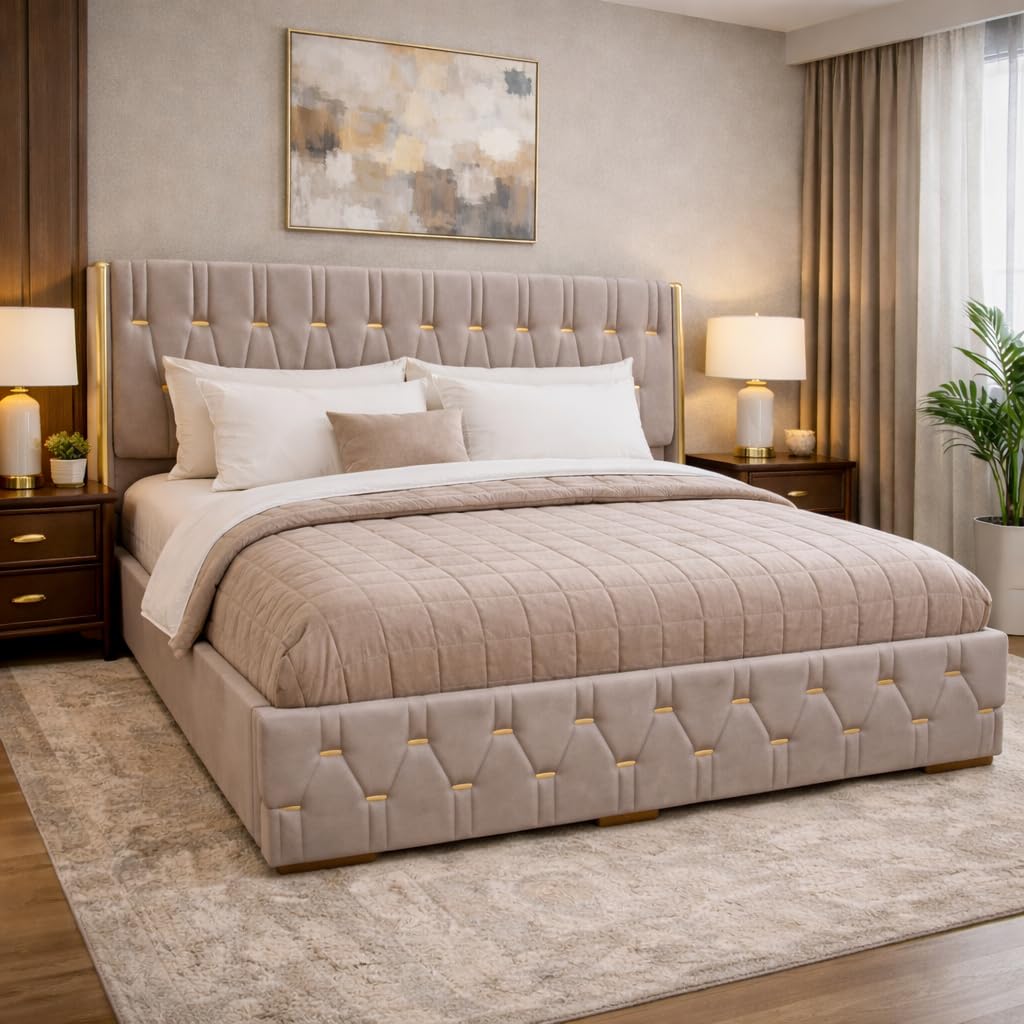 Royal Aura Upholstered King Size Bed with Box Storage for Bedroom | Elegant Wooden Double Bed with Storage | Platform Cot Palang with Tufted Headboard | 6.5 x 6 Ft | Sheesham Wood | Navy