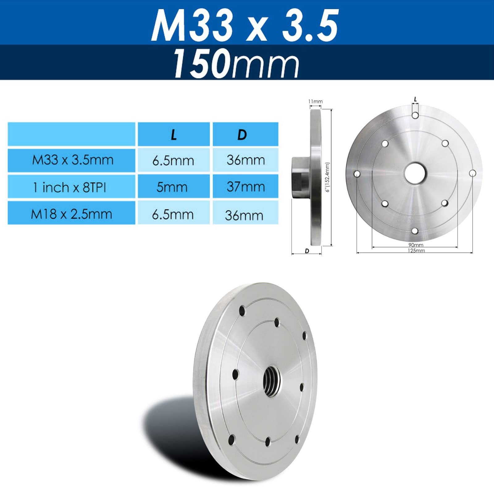 Flangia del mandrino per tornio per legno da 2 '' 3 '' 4 '' 6 '', pannello per tornio in acciaio argentato, accessori per utensili per tornitura del legno (dimensioni: 150 mm- M33 x 3,5)