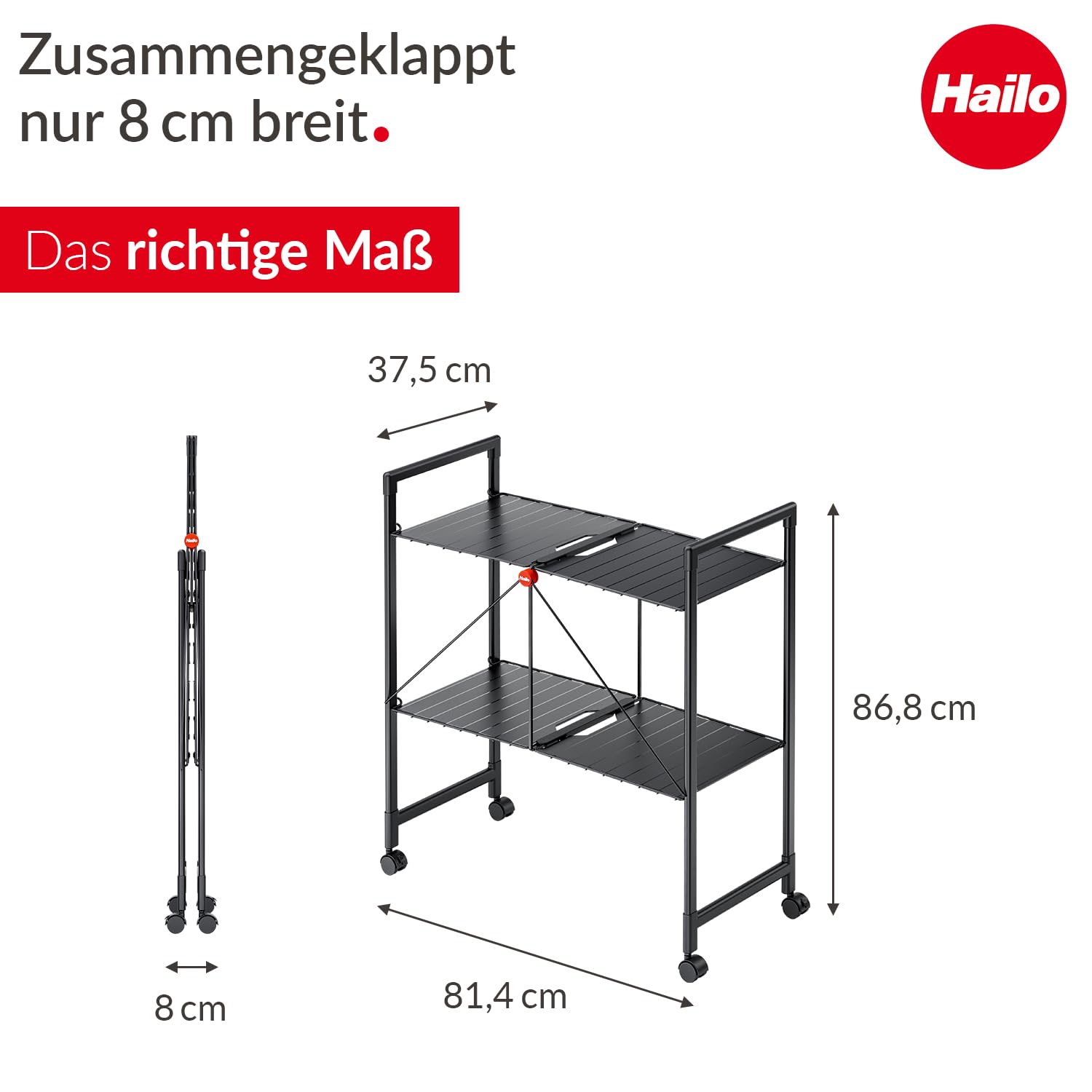 Hailo Quickboard – Mobile Universalablage mit Rollen - klappbar & platzsparend - vielseitig einsetzbar - pro Ablagefläche belastbar bis max. 10 kg - schwarz matt