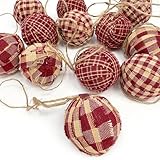 Set of 12 Primitive Red & Tea Dye Plaid Cotton Fabric 1.5 inch Ball Christmas Ornaments by Marilee Home