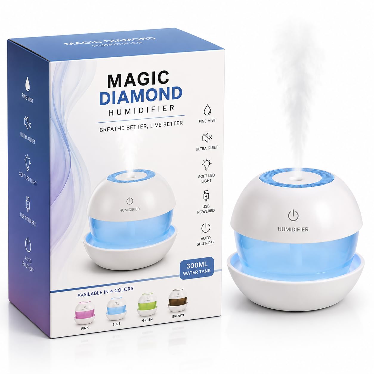 diamond shaped humidifier with usb power and auto colour changing night light - cool mist maker for home, office, car and desk