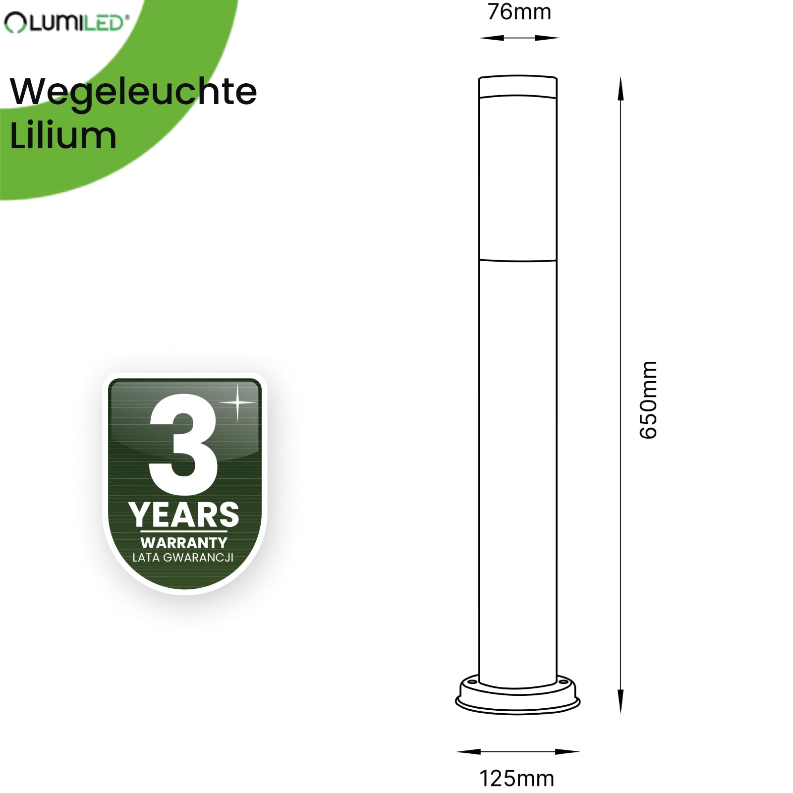Lumiled Lampa zewnętrzna na ścieżkę, lampa cokołowa, zewnętrzna, lampa stojąca, lampa ogrodowa, lampa stojąca, 65 cm, IP44, czarna, stal nierdzewna, E27, oprawa, lampa słupkowa
