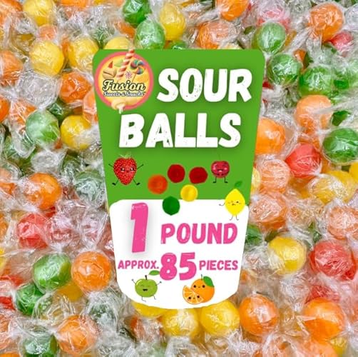 Sour Balls Hard Candy - 1 Pound Individually Wrapped - Bulk Assorted Fruit Candies - Orange, Lemon, Strawberry, Cherry, Green Apple Flavors - Sour Treat for All Ages