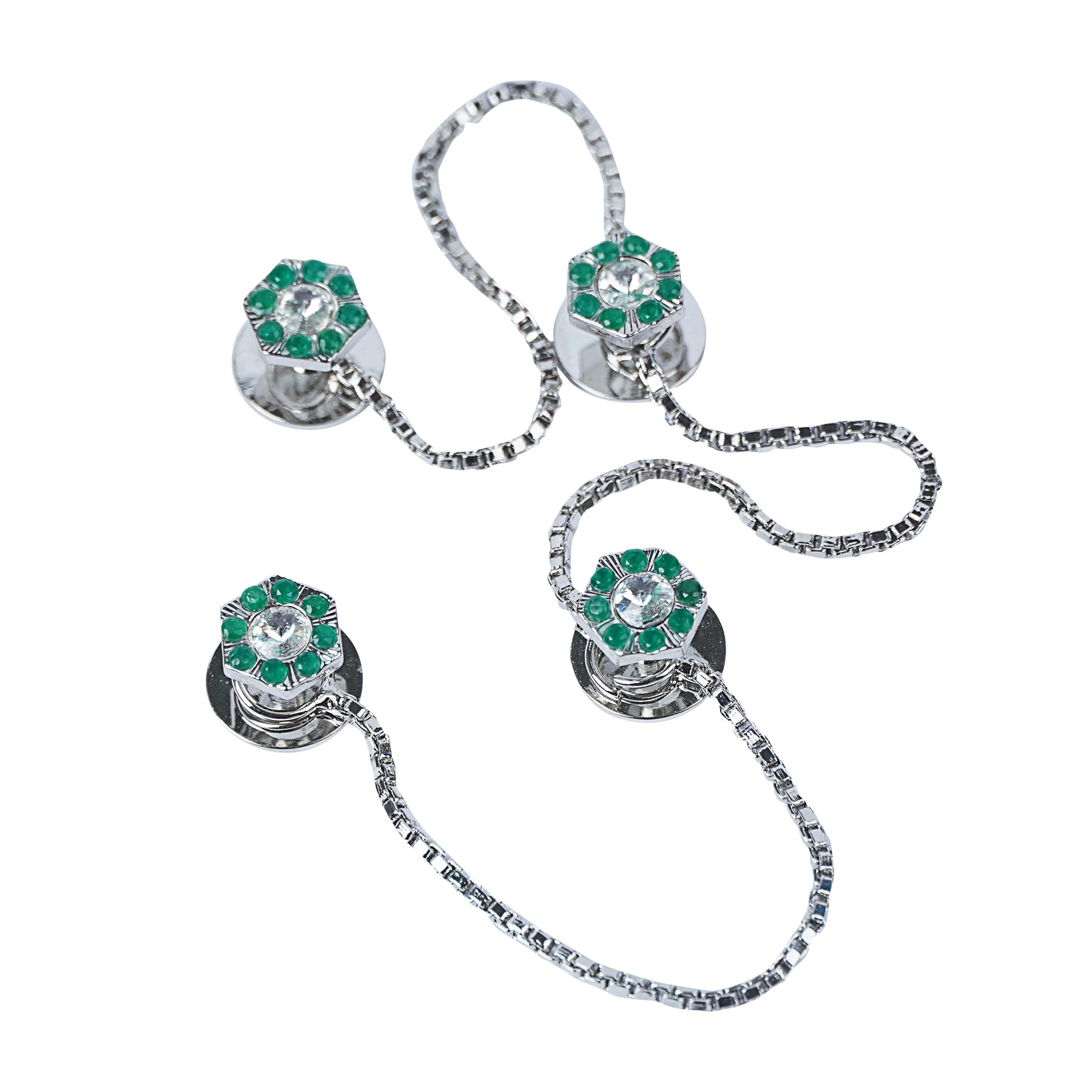 Designer Hex Silver Plated Emerald Gemstone Diamond Crystal Traditional Ethnic Fashion Trending Kurta Metal Unisex Buttons-image-22