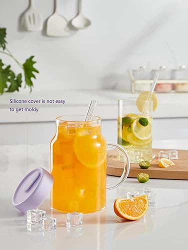 Miniatura 4 de Sweejar Vasos para beber con tapa de silicona y popote de vidrio, taza de vidrio de 34 onzas con asa, taza de café helado, botella de agua de vidrio