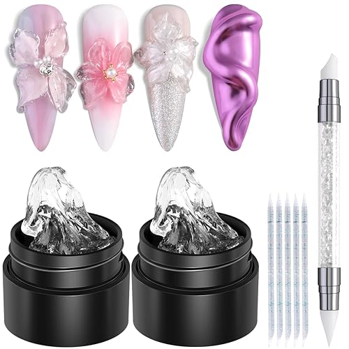 Kit de gel para esculpir 3D transparente de 2 piezas, gel no pegajoso para tallar a mano con bolígrafo de silicona para uñas, flores 3D, diseño de