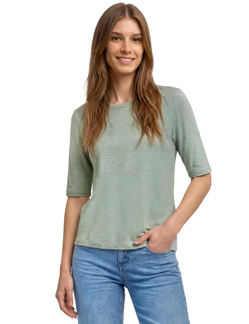 Street One Basic T-Shirt with Crew Neck in Plain Colour Eucalyptus Green 38