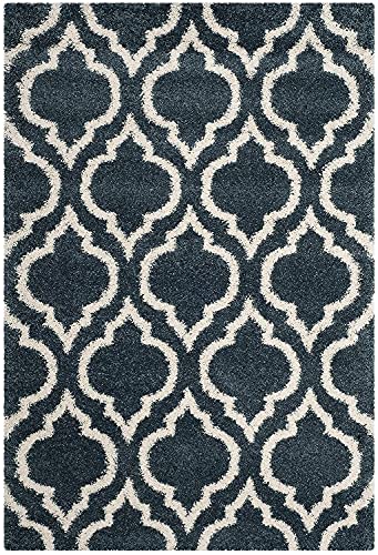 Image of Moroccan Design Microfiber Hand Woven Shaggy Carpet Collection with 2 inch Pile Height Carpet for Living Room Size 5x5 feet Square coular Teal /Ivory