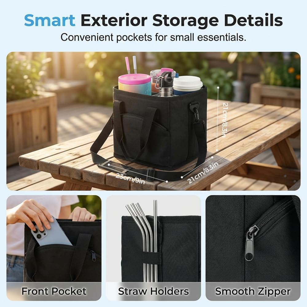 Family Size 4 Compartment Drink Bag, Reusable Drink Carrier with Handle Insulated, Collapsible 4-Cup Beverage Bag with No-Spill Base, Adjustable Dividers & Shoulder Strap, Portable Caddy
