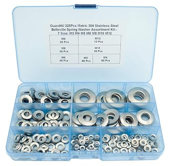 225Pcs Metric 304 Stainless Steel Belleville Spring Washer/Conical Spring washers Assortment Kit- 7 Size M3 M4 M5 M6 M8 M10 M12