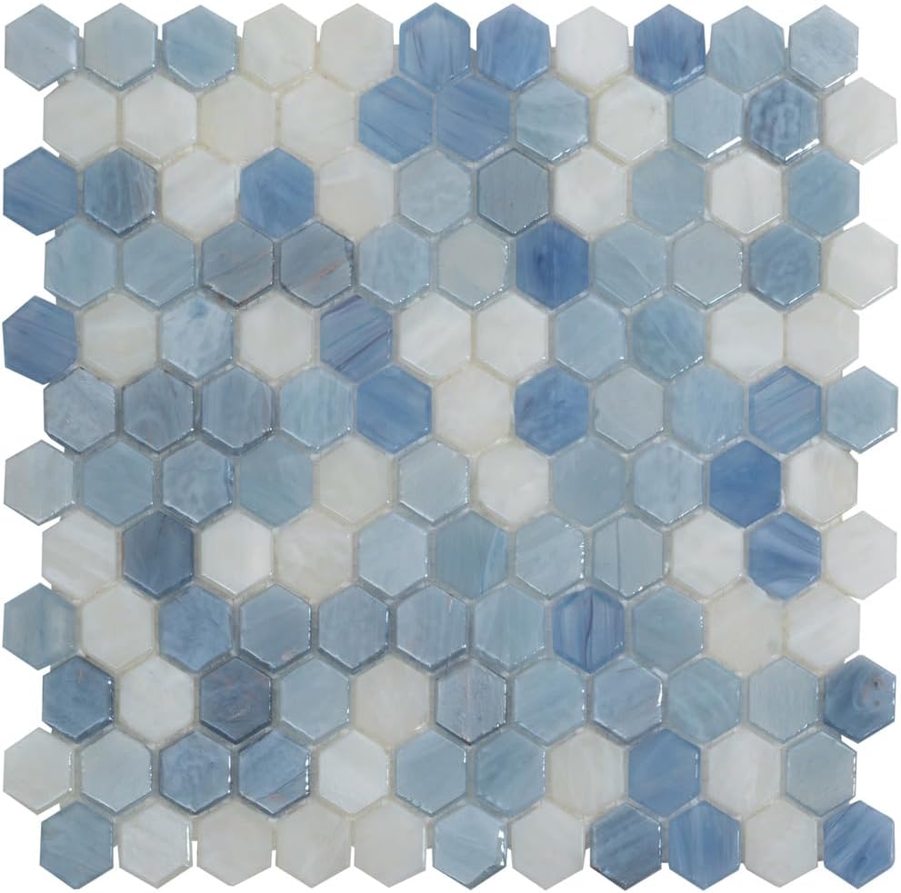 Apollo Tile 10.8 x 11.5 in. Hex Mosaic Glossy Glass Light Blue Tile 10-Pack APLAHX8805A, Elegant Kitchen Backsplash, Durable Wall Finishing Flooring for Bathrooms, Showers, Garages