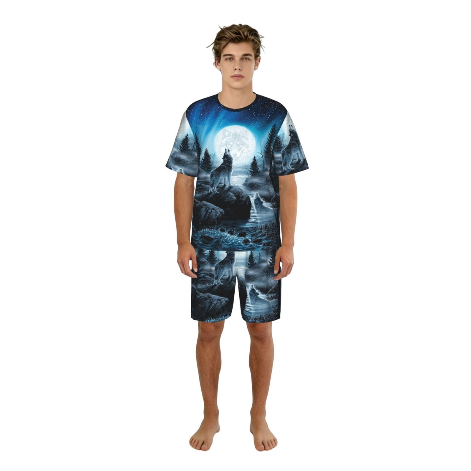 Zouey Men's One Size Crewneck With Pockets Set Nightgown Short Sleeves Shorts Pajama Sets,Resentt Of The Wolf,,L