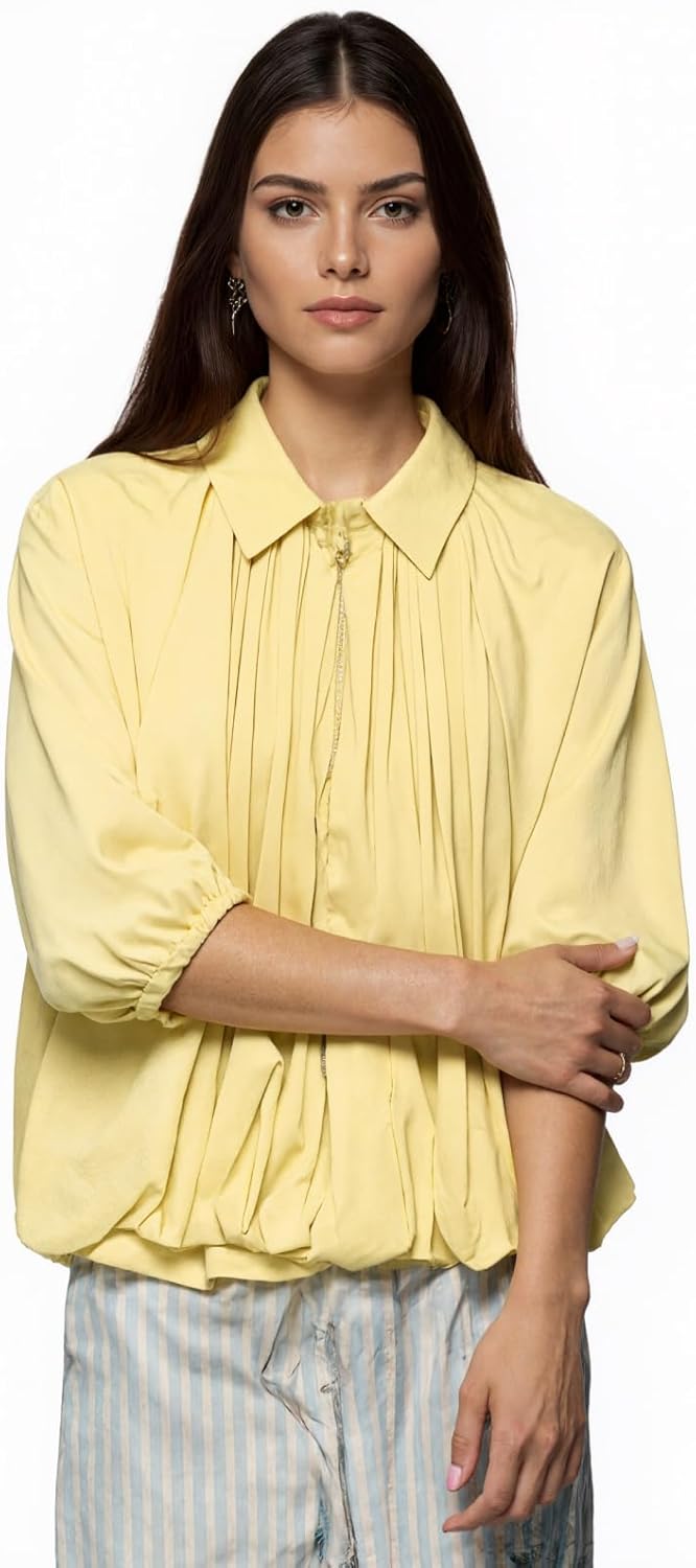 Women's Casual Bomber Jacket Oversized Long Sleeves Outwear with Front Zip Batwing Lapel Collar OutCoat Shirts