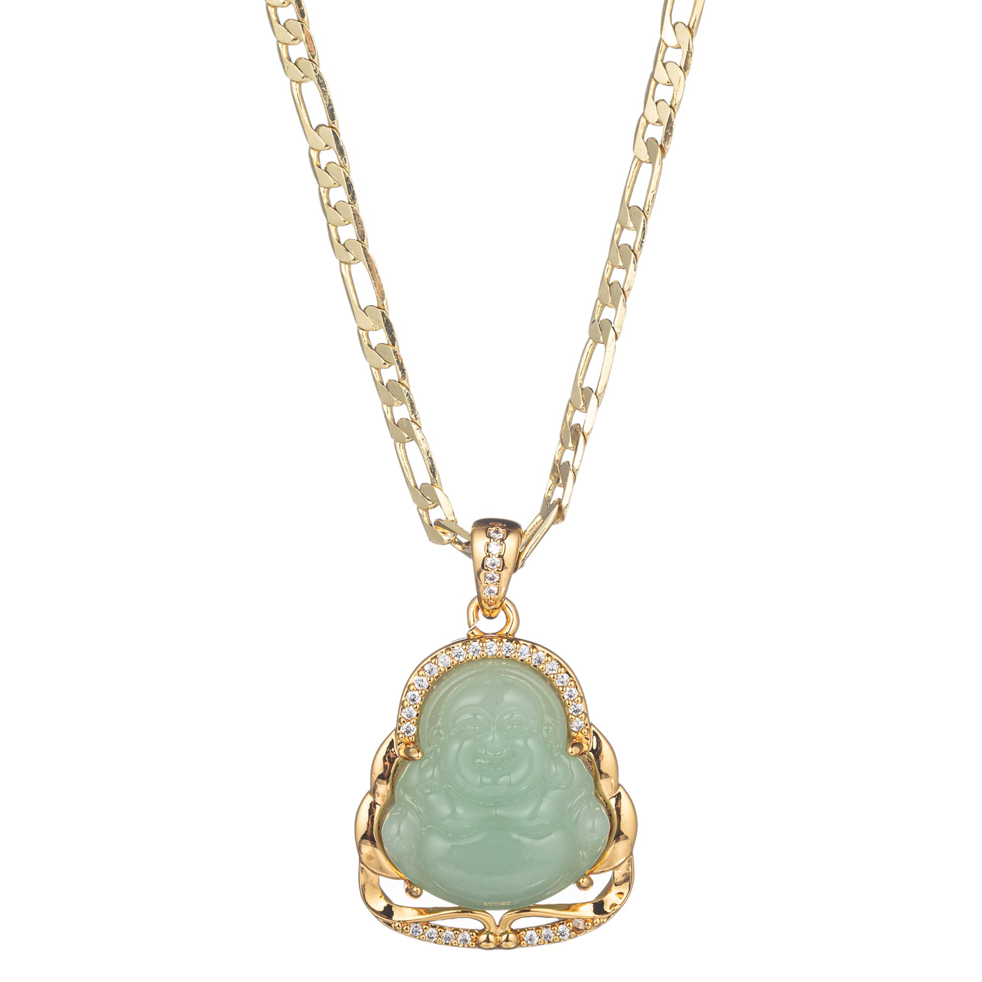 kelistom 18K Gold Plated Buddha Pendant Necklace for Women Men Zircon Inlay Blue Green Pink White Yellow Buddha Head 3MM Flat Figaro Necklace Chain