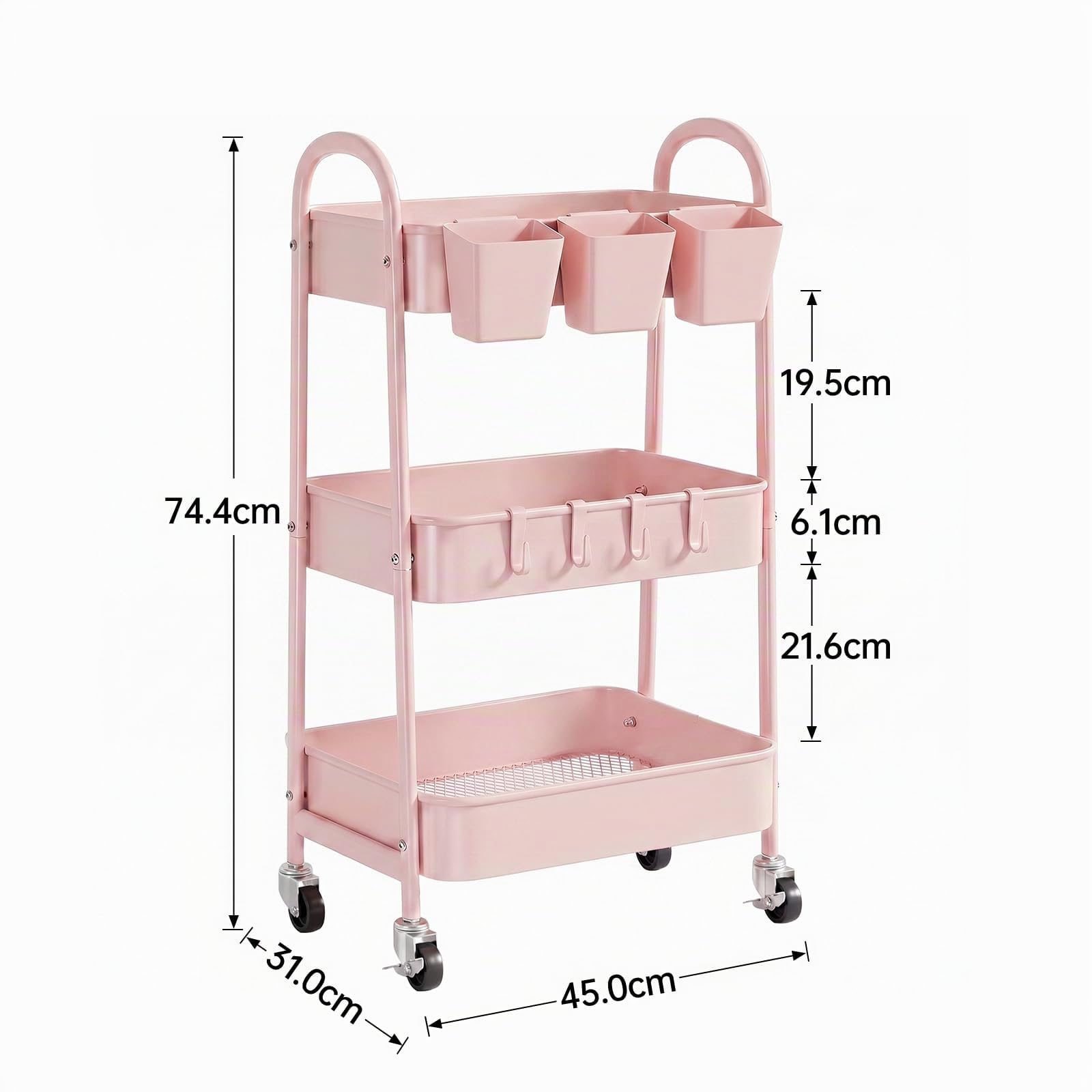 danpinera Carrello portaoggetti a 3 livelli, carrello portaoggetti in metallo con ruote bloccabili, tazze e ganci appesi, carrello portaoggetti su ruote per bagno, cucina, artigianato, bellezza, rosa