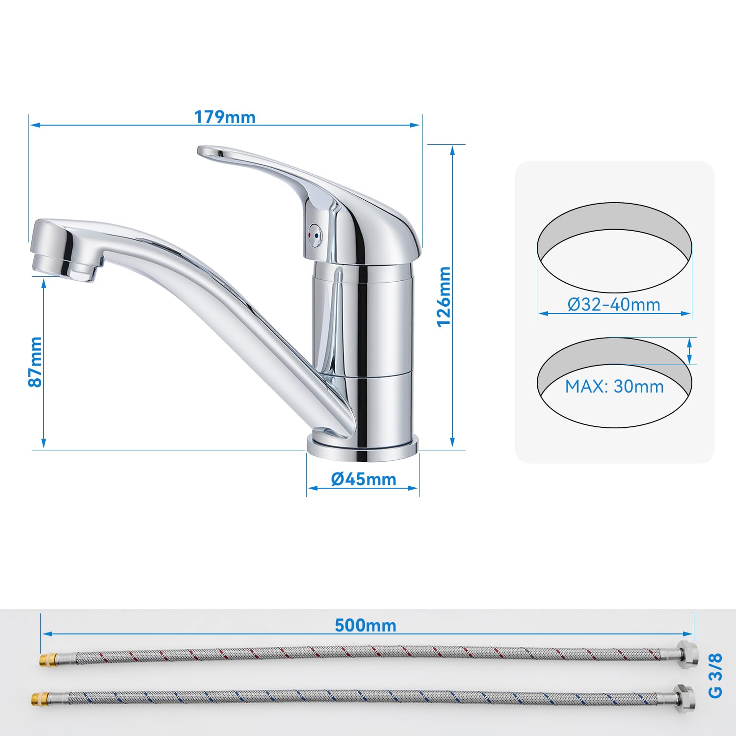 Robinet Salle de Bain Mitigeur Lavabo Chromé, Petit Robinet Lave Main Acier Inox, Aérateur Amovible, Chaud et Froid Réglable, Hauteur de Bec de 87 mm