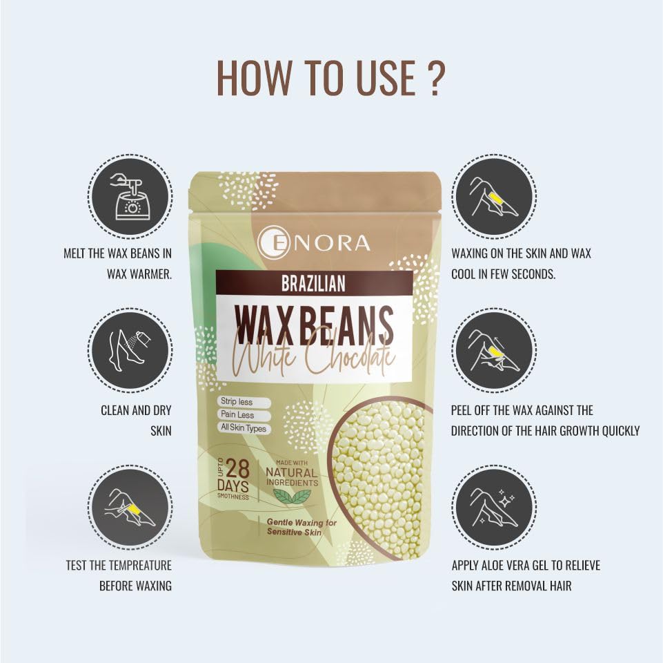 Image of ENORA Brazilian Stripless Wax Beans for Women (250g) | With Wooden Spatula | Natural | For Face, Chin, Hairline, Bikini Area & Full Body Hair Removal (250 Gram, White Chocolate)
