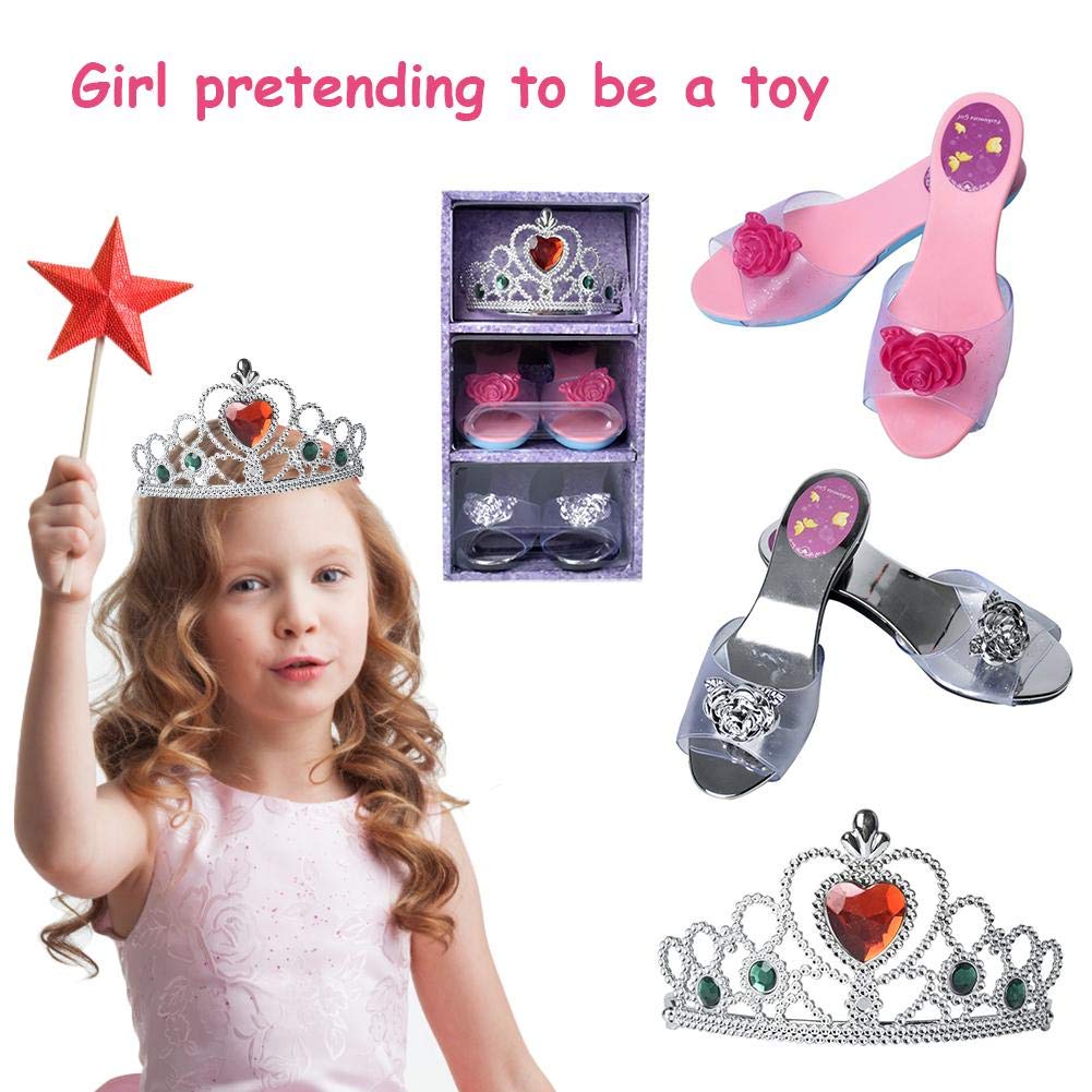 Princess Dress Up Shoes Accessories Set for Girls，Princess Pretend Jewelry Toy for Toddler Girls Included Child Shoes X 2，Headwear X 1，3 Pack