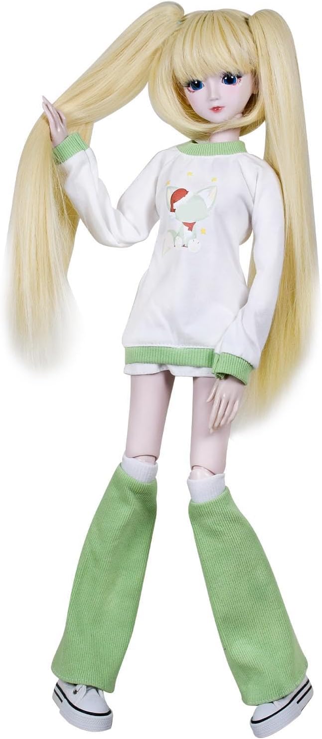 1/3 BJD Doll, 20 Movable Joints Plastic Ball Jointed Doll, Removable Hair & Clothes, Openable Head for Eye Replacement, Full Set with White and Green Outfit, Gift for Kids 6+
