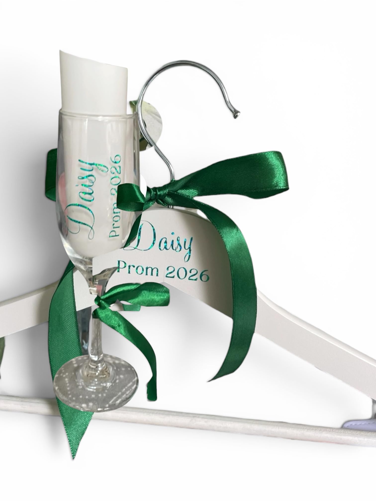 CraftyGstudio Personalised Prom Gift Set, White Hanger and Champagne Flute with Custom Ribbon and Colour Text