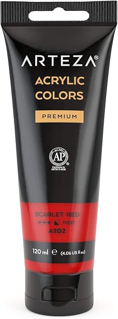 ARTEZA Acrylic Paint, Scarlet Red, 120 ml Pouch, Rich Pigment, Non-Fading, Non-Toxic Paint for Artists & Hobby Painters, Art Supplies for Canvas Painting