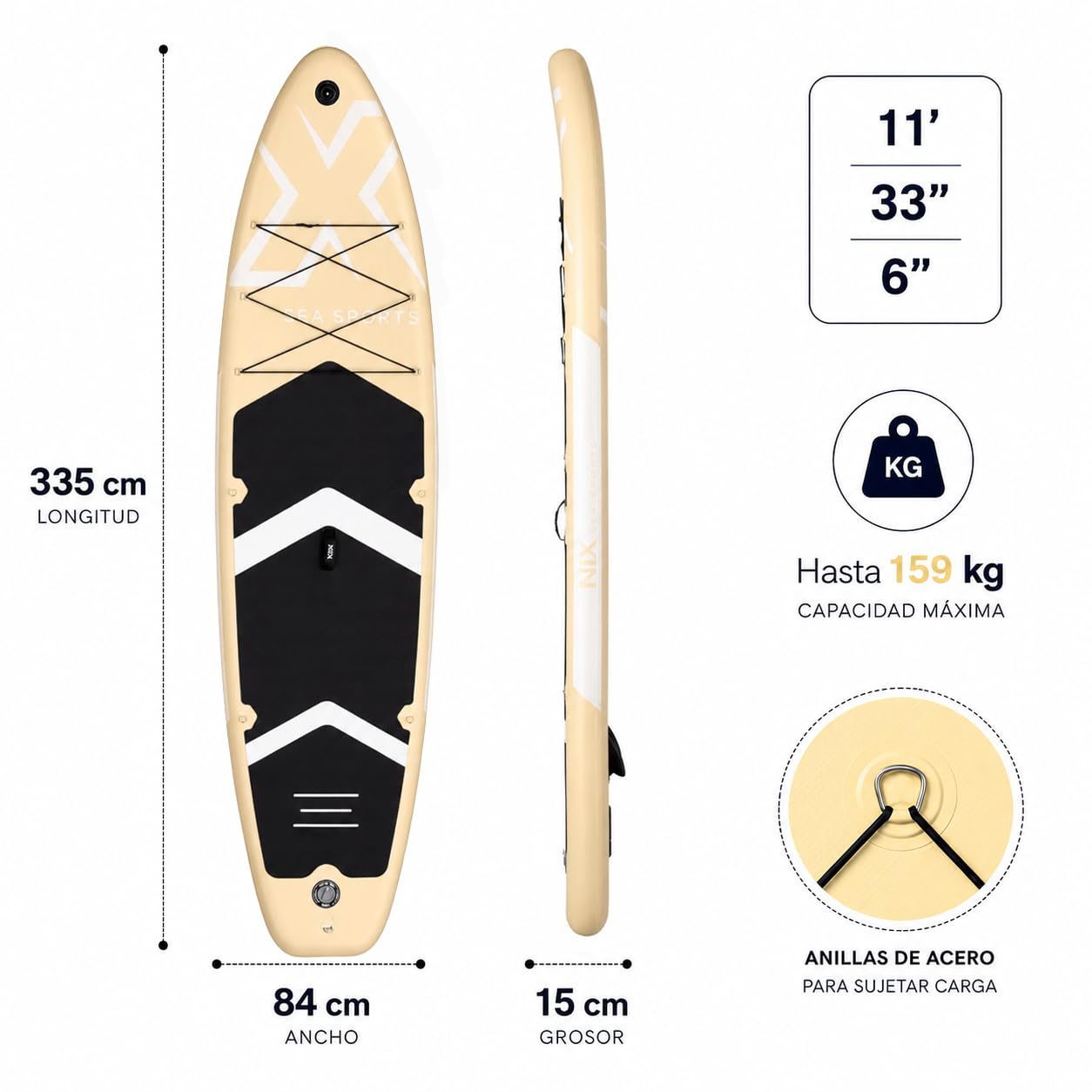 Tabla Paddle Surf Hinchable 11" 335 × 84 × 15 cm Amarilla Pack Premium – 159 kg, Doble Tejido PVC, EVA Antideslizante, Kayak, Remo, Mochila y Accesorios completos