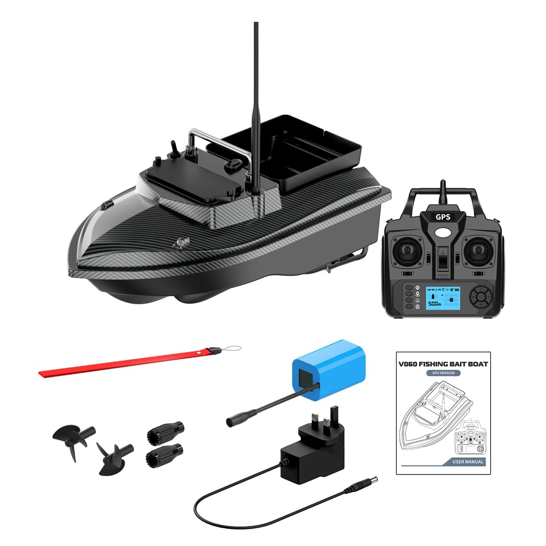 Barco de cebo RC con GPS para pesca de carpas, V060, 12000 mAh, 500 m, control remoto de una sola tolva, cebo de 2 kg de carga, retorno y liberación automáticos y 160 puntos de referencia. Barco de